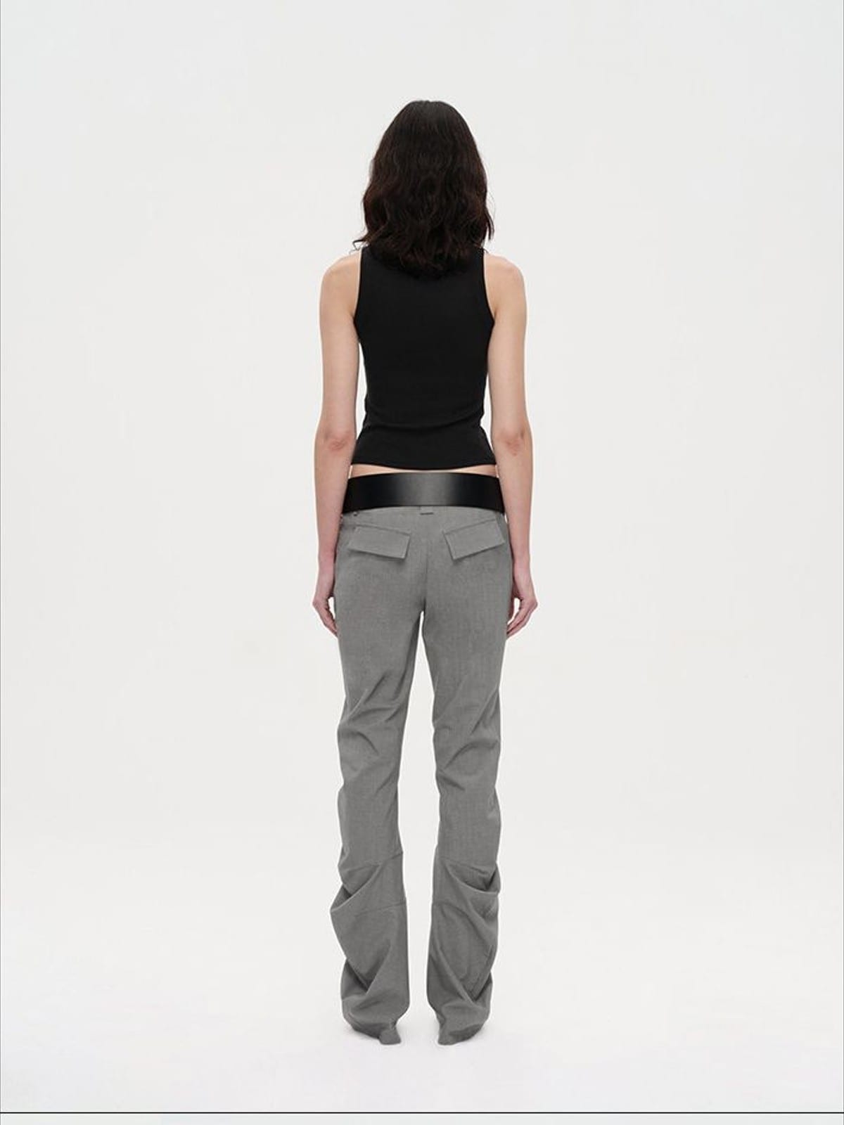 RARELY ALIKE Curved Leg Flared Dress Pants in Gray - On Model