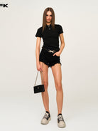 SMFK Embroidered Cross Stretch Cotton T Shirt in Black - On Female Model