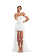 SweetChilling Eyelet Cotton Off Shoulder Mini Dress in White - On Female Model
