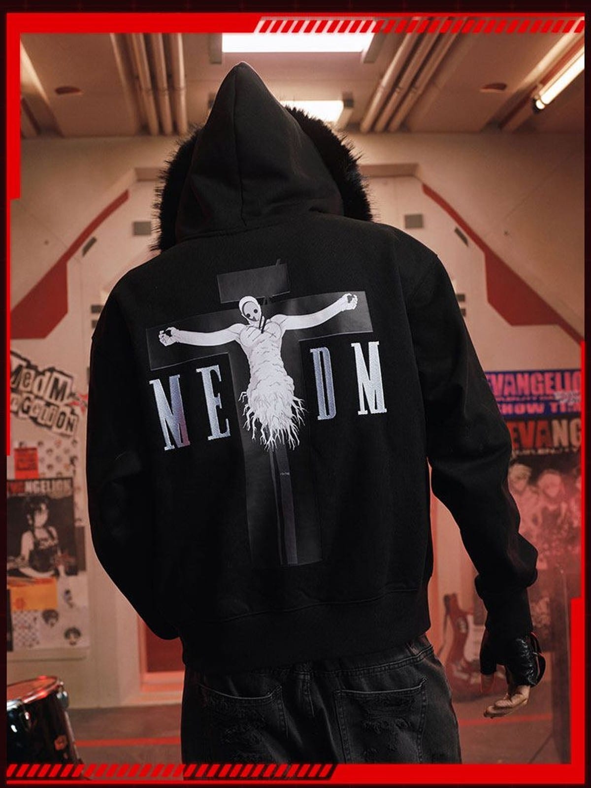 MEDM Faux Fur Trimmed Graphic Zip Hoodie in Black - On Model