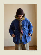 USAGE Cotton Nylon Hooded Mountain Parka in Blue - On Male Model
