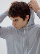 SIMPLE PROJECT Washi Paper Yarn Zip Up Hoodie in Sky Blue - On Male Model