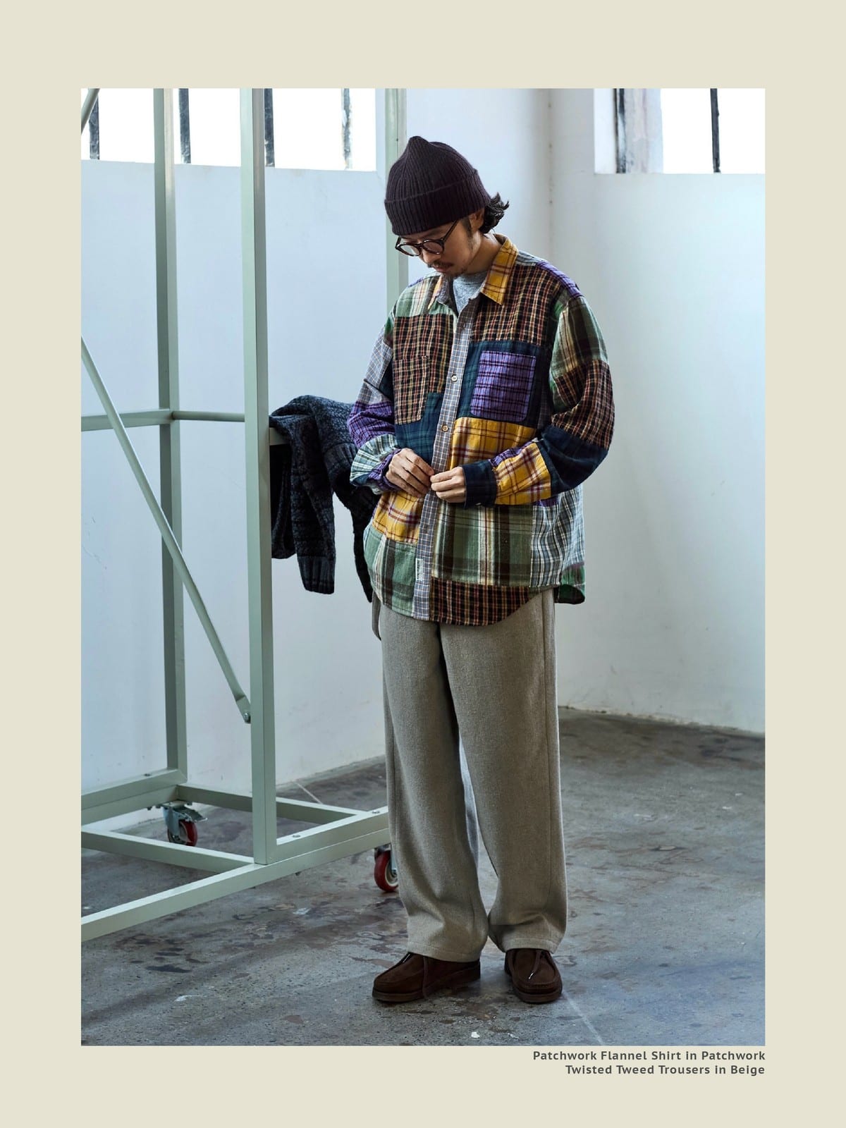 USAGE Cotton Plaid Patchwork Shirt in Patchwork - On Male Model