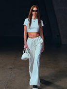 SMFK Wide Leg Cotton Cargo Sweatpants in White - On Female Model