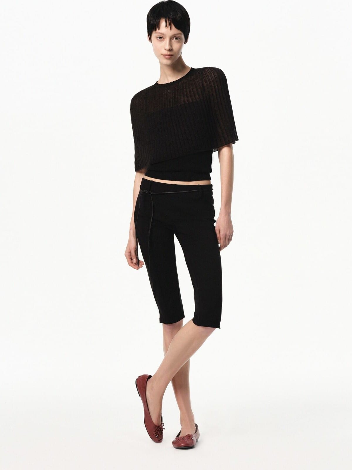 RARELY ALIKE Viscose Blend Belted Cropped Pants in Black - On Female Model
