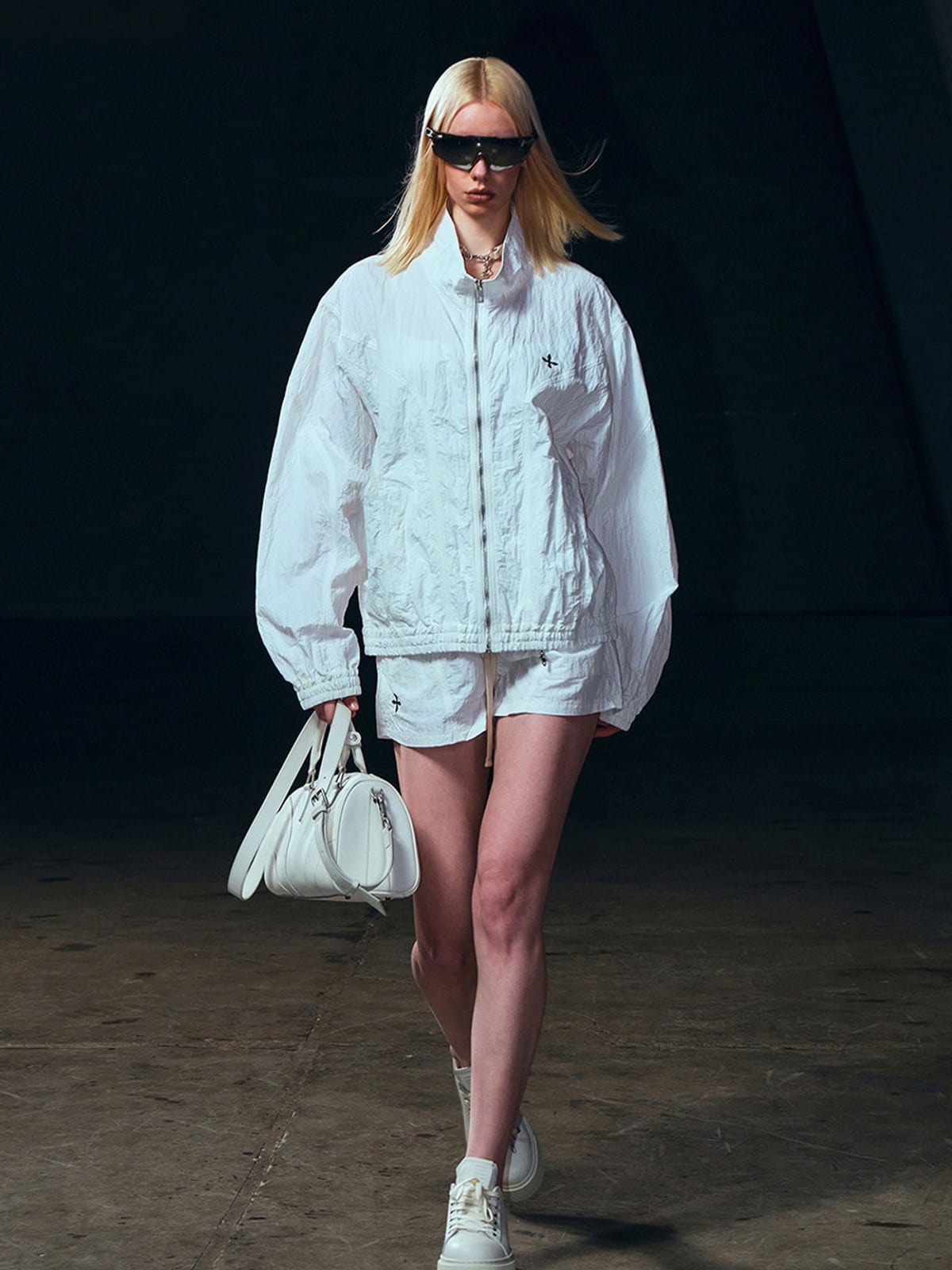SMFK Crinkled Zip Up Sports Jacket in White - On Female Model