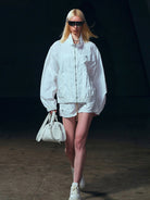 SMFK Crinkled Zip Up Sports Jacket in White - On Female Model