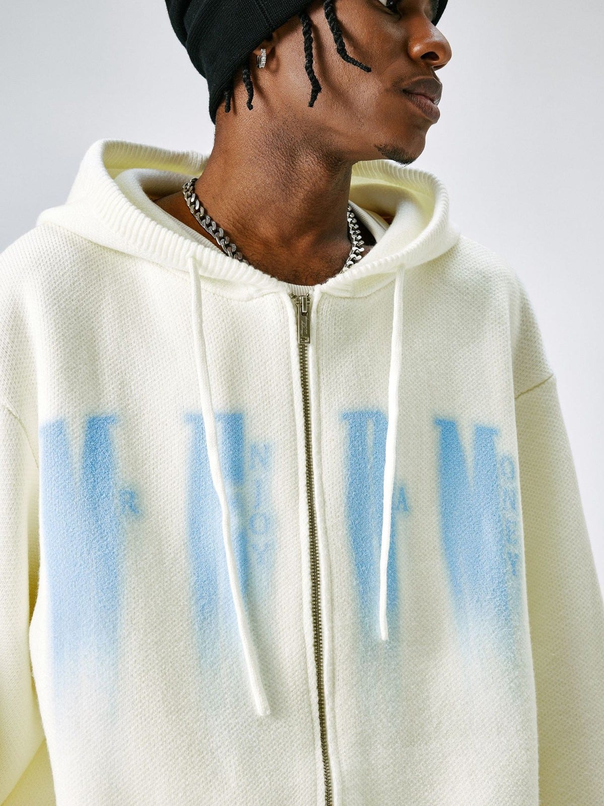 MEDM Zip Up Hooded Knit Cardigan in White - On Male Model