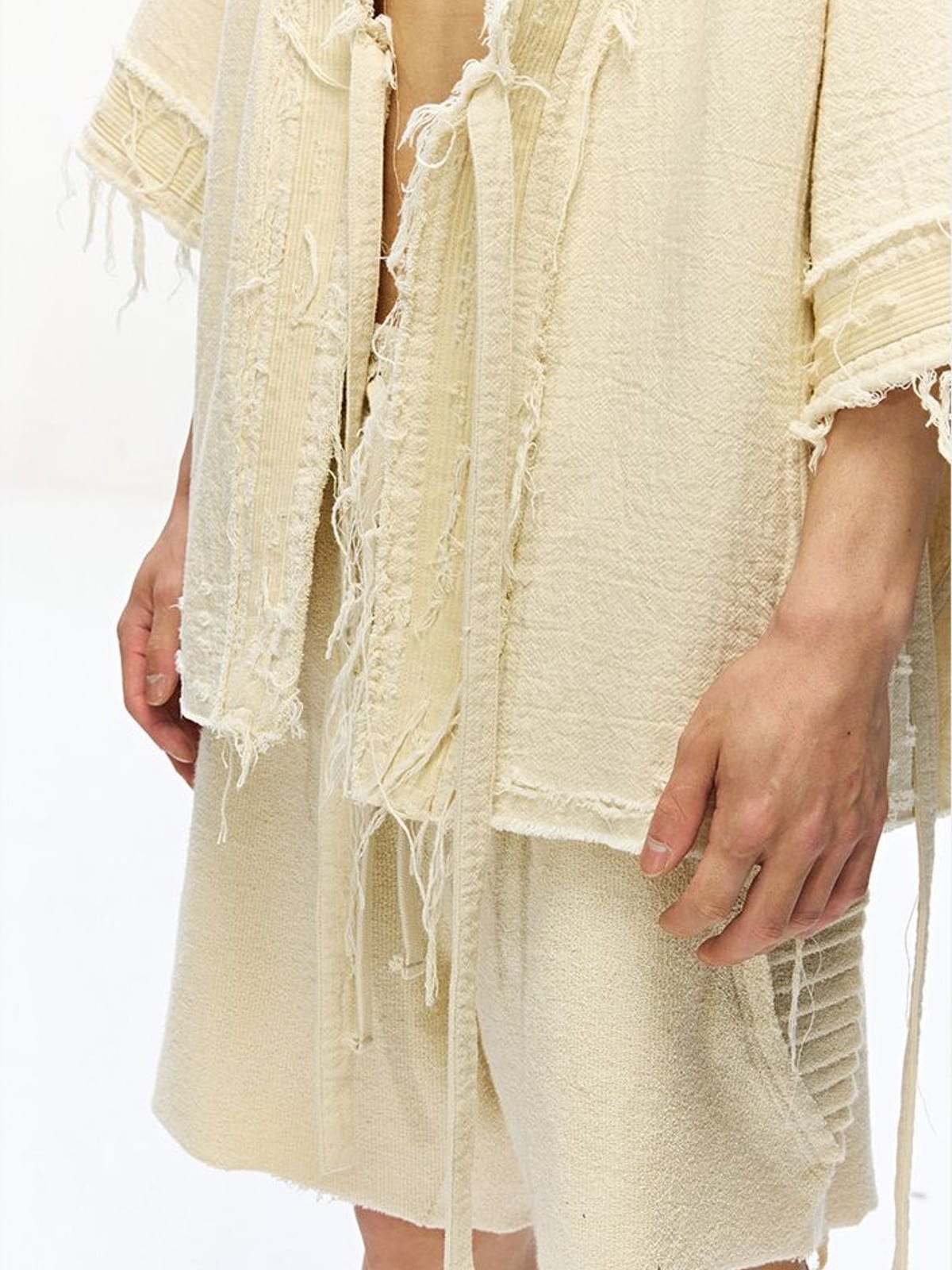 D5ove Distressed Half Sleeve Kimono Cardigan in Cream - On Male Model