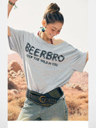 BeerBro Oversized Off Shoulder Graphic Tee in Heather Gray - On Female Model