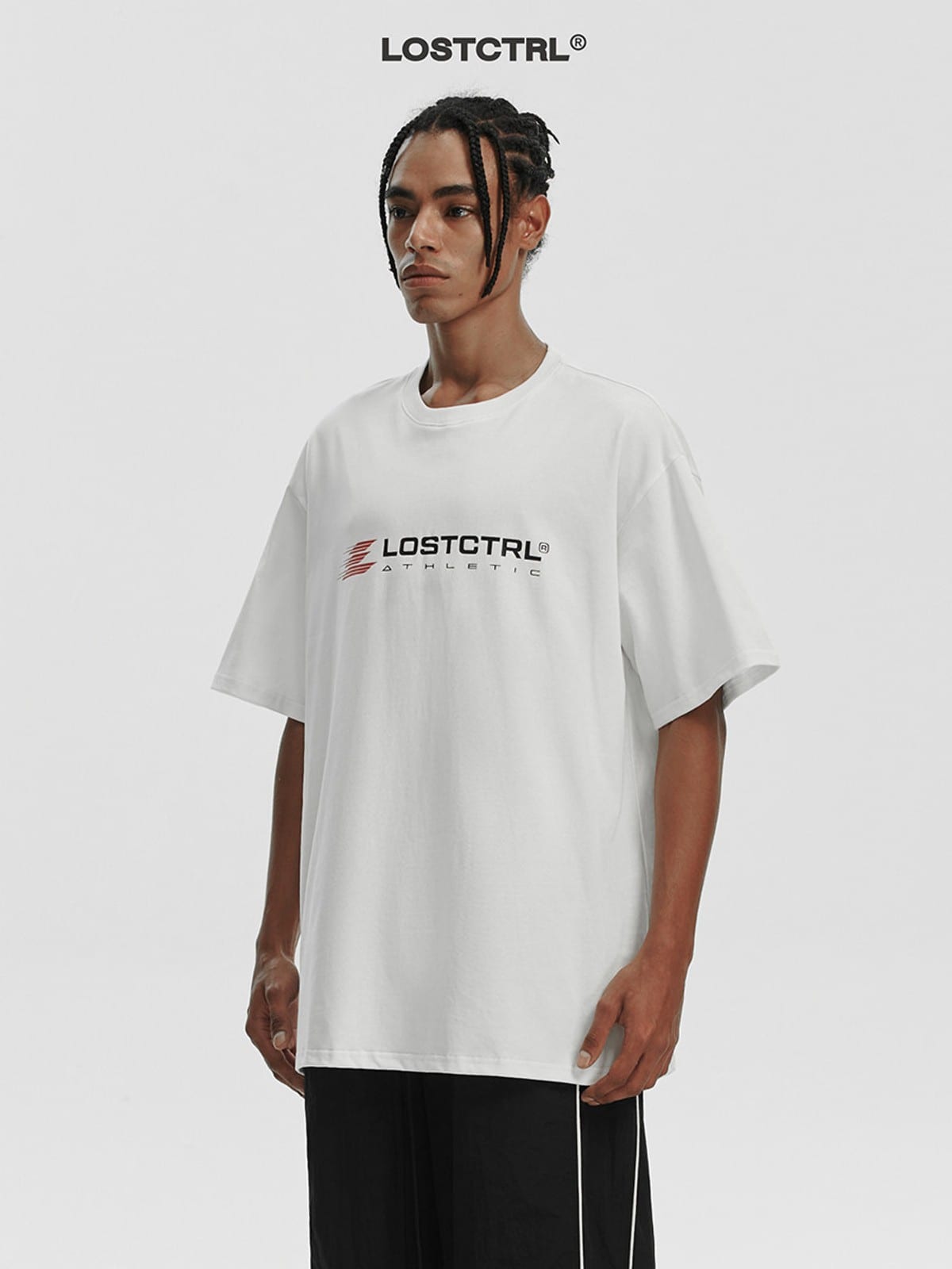 LOSTCTRL Heavyweight Cotton Graphic T Shirt in White - On Male Model