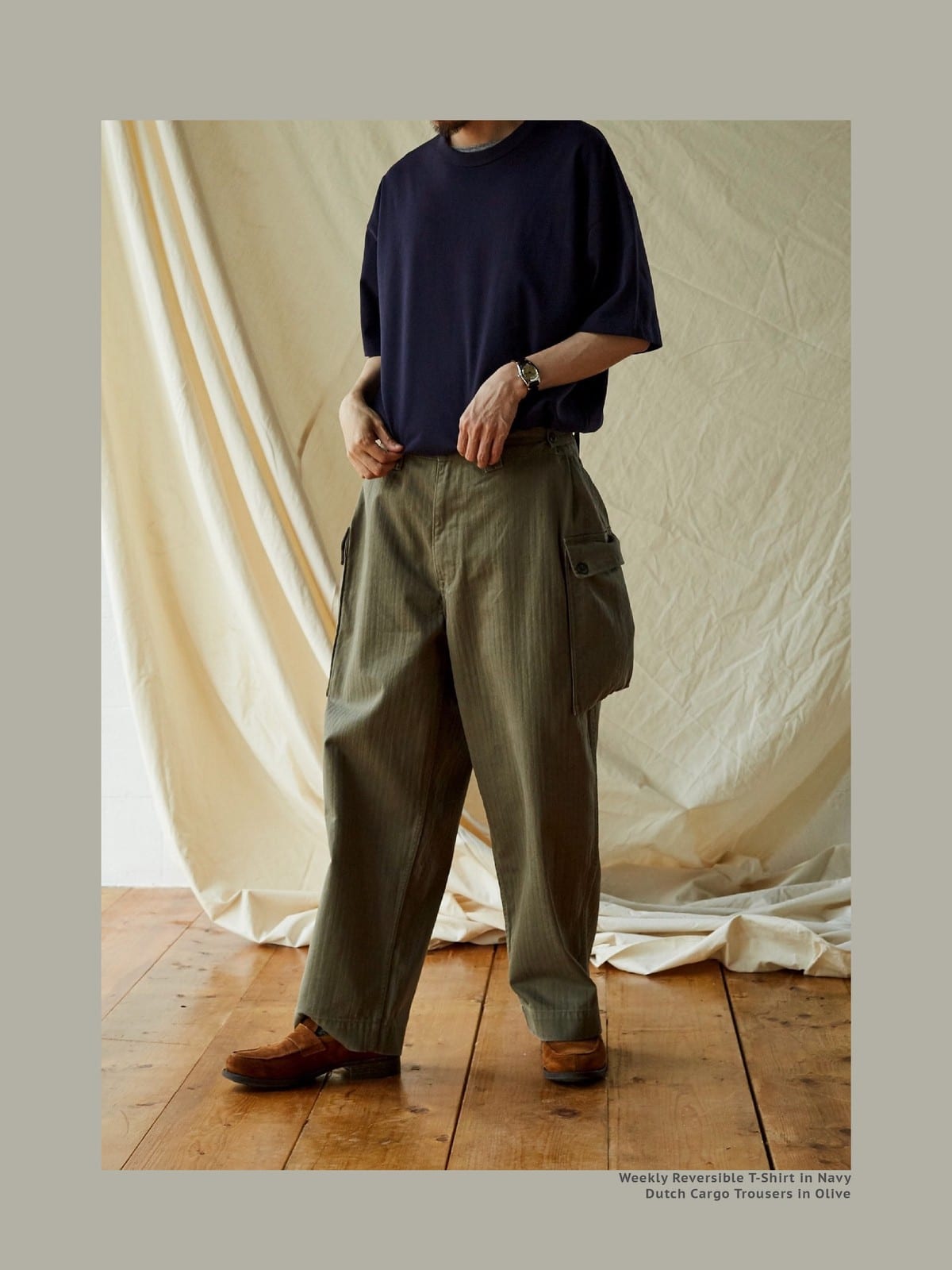 USAGE Heavyweight Herringbone Cargo Pants in Olive - On Male Model