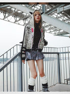 CFIERCE Bow Skull Horned Zip Hoodie in Gray - On Female Model