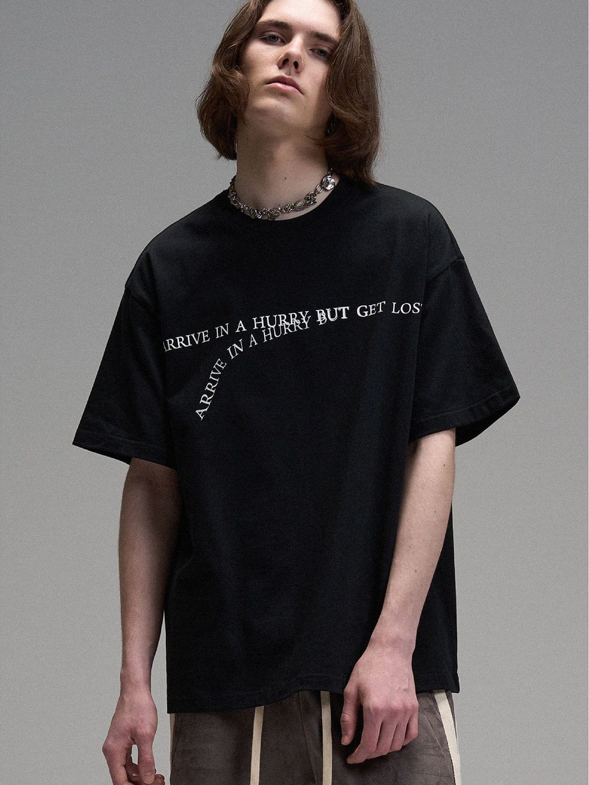 LOSTCTRL Heavyweight Letter Print T Shirt in Black - On Male Model