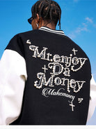 MEDM Pearl Embellished Varsity Jacket in Black - On Model