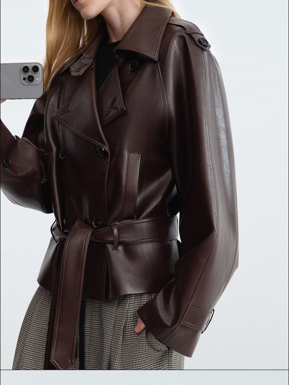 RARELY ALIKE Oversized Belted Faux Leather Jacket in Coffee - On Female Model