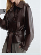 RARELY ALIKE Oversized Belted Faux Leather Jacket in Coffee - On Female Model