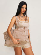 SMFK Distressed Denim Chain Tote Bag in Denim - On Female Model