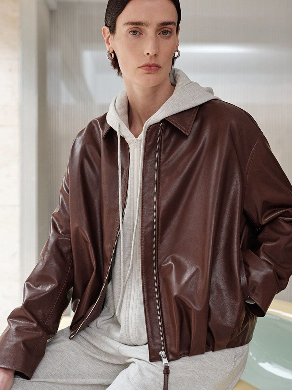 MSBEAST Gathered Hem Sheep Leather Jacket in Brown - On Female Model