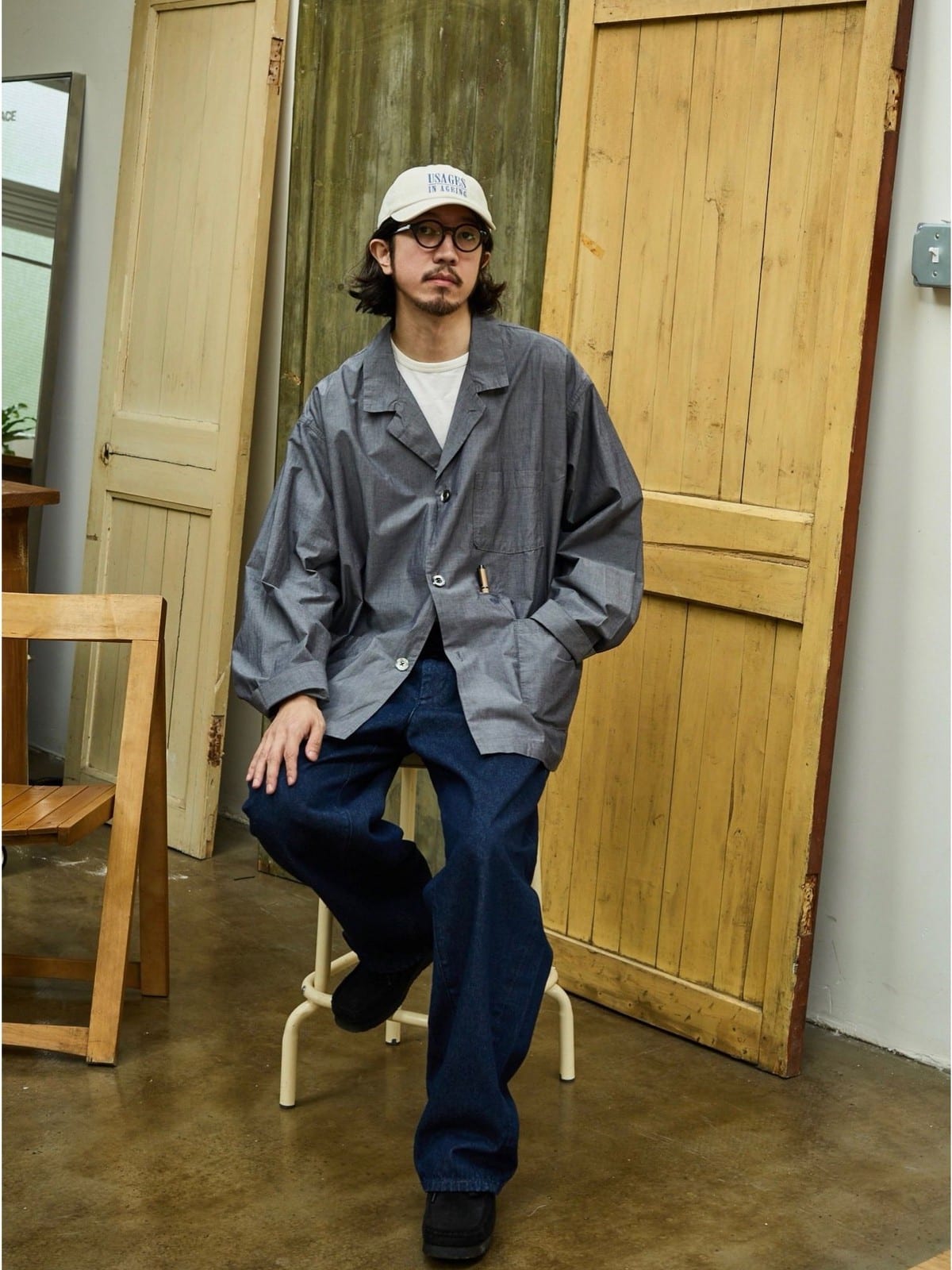 USAGE Cotton Workwear Shirt Jacket in Gray - On Male Model