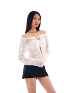 SweetChilling Sheer Jacquard Off Shoulder Cardigan in Off-White - On Female Model