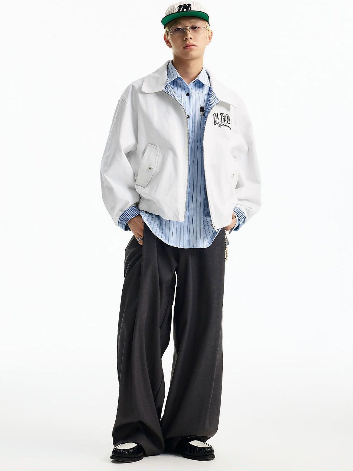 MEDM Reversible Cotton Zip Up Barn Jacket in White - On Male Model