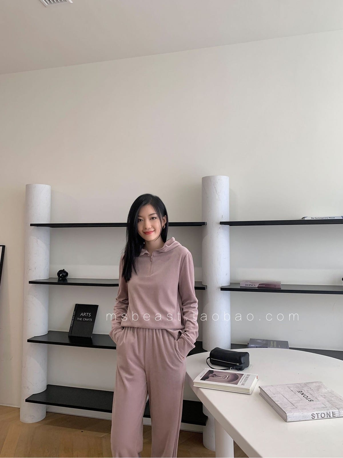 MSBEAST Half Zip Hoodie Wide Leg Pants Set in Beige - On Female Model