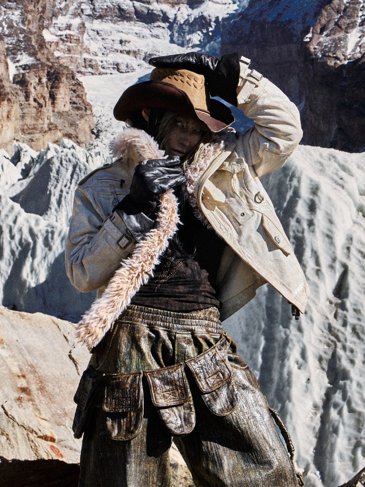 PERSONSOUL Cracked Sheepskin Jacket with Wool Collar in White - On Female Model