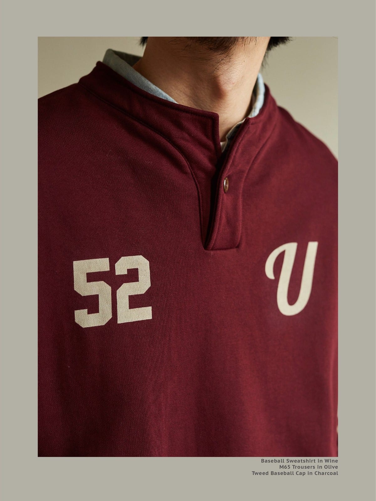 USAGE Terry Cotton Henley Sweatshirt in Burgundy - On Male Model