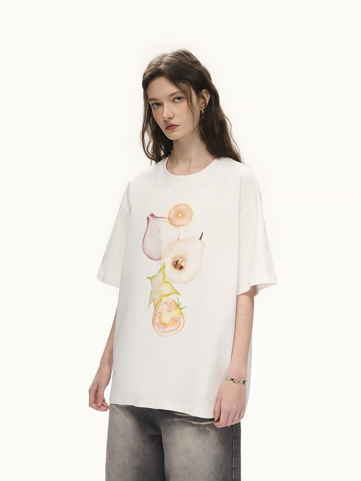 LOSTCTRL Fruit Veggie Print Cotton Blend T Shirt in White - On Female Model