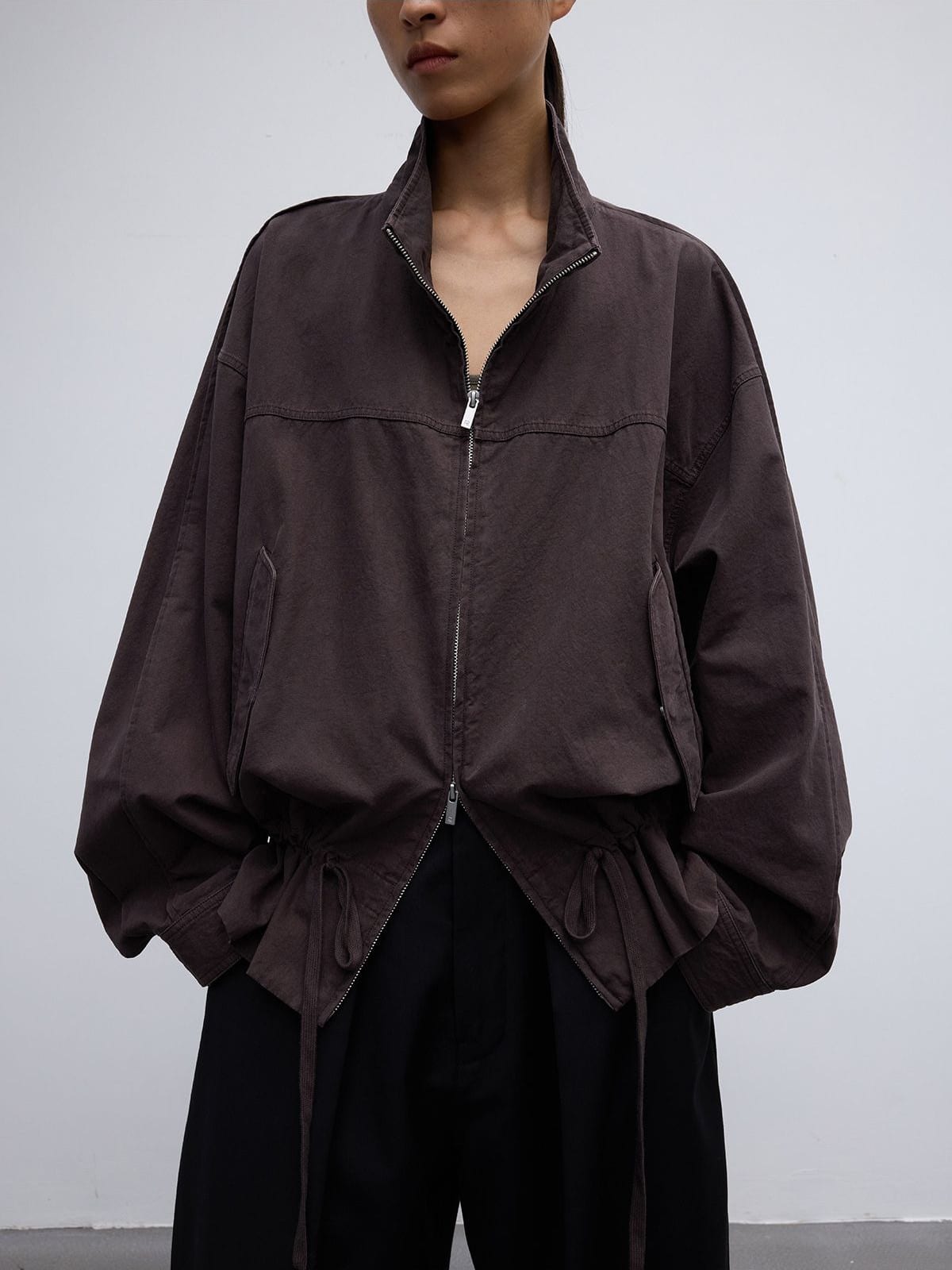 Random Piece Washed Cotton Drawstring Jacket in Brown - On Female Model