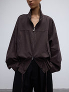 Random Piece Washed Cotton Drawstring Jacket in Brown - On Female Model