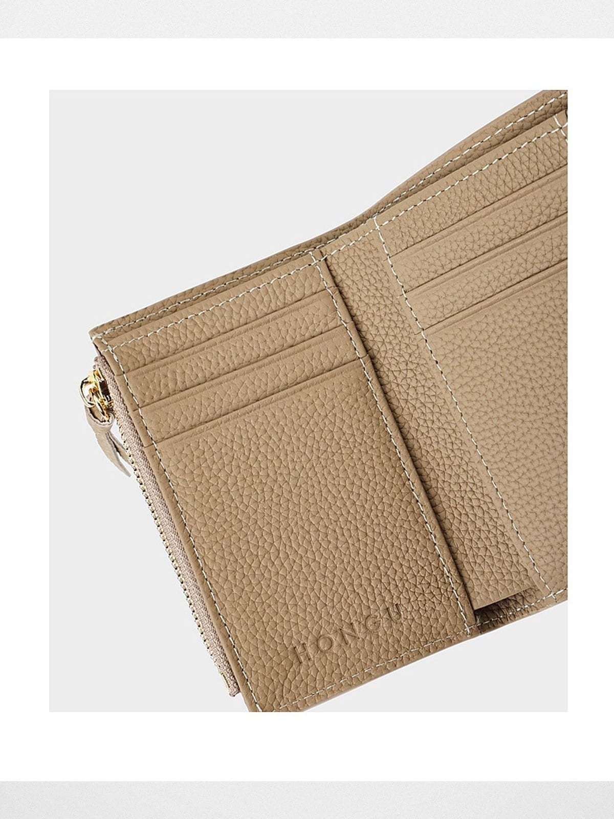 HONGU Cowhide Leather Trifold Wallet in Beige - Detail