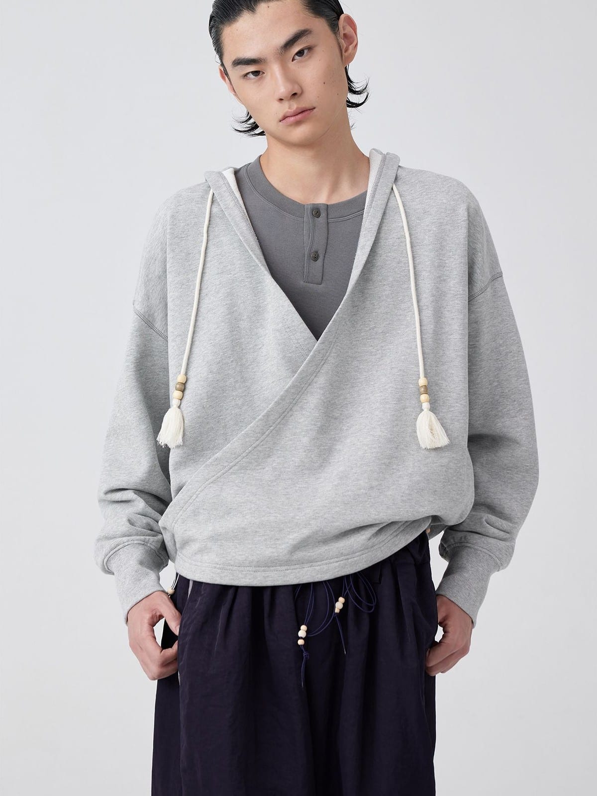 SIMPLE PROJECT Overlapping Slant Placket Hoodie in Gray - On Male Model