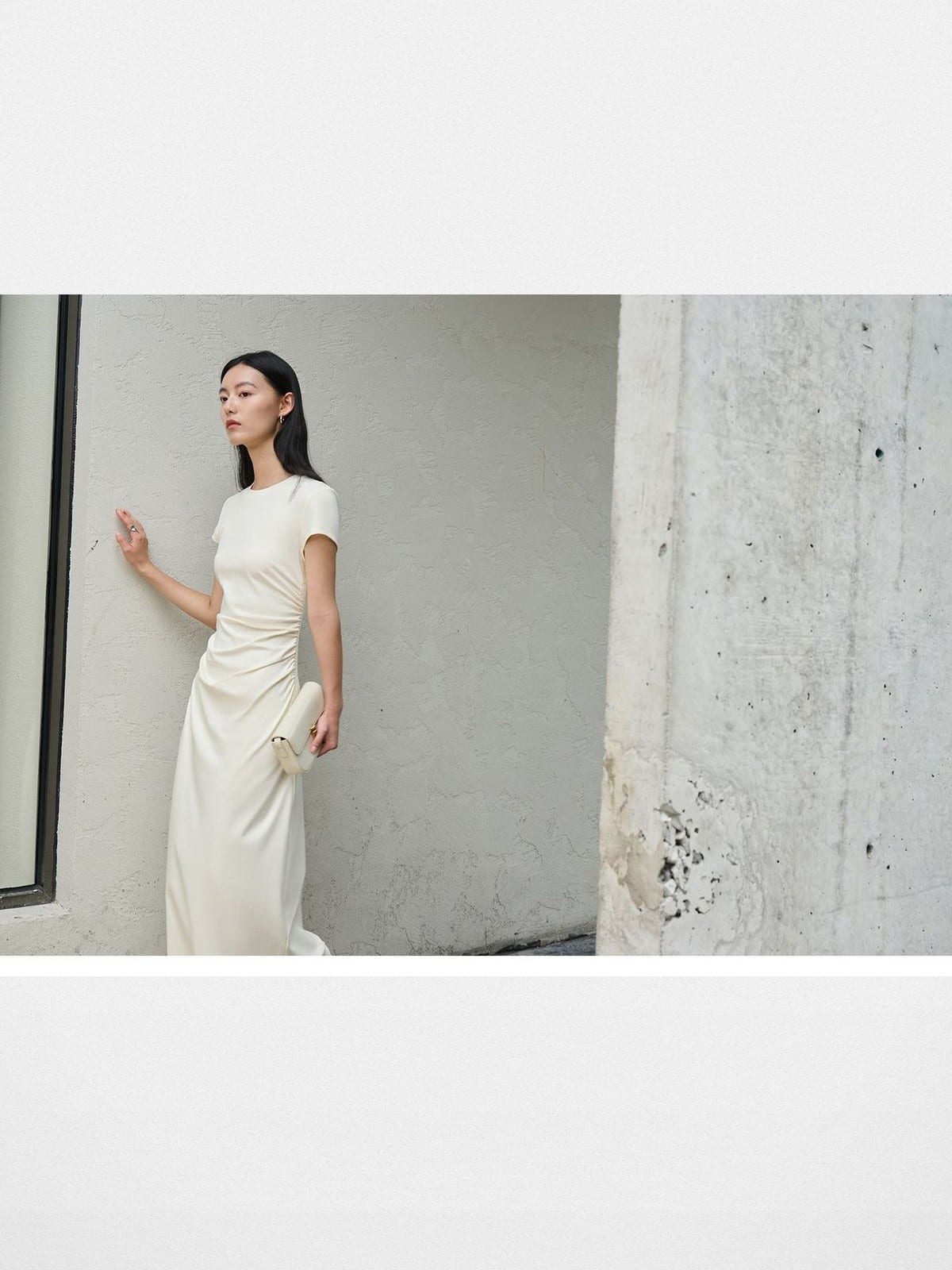 TEASEL Ruched Cotton Blend Knit Dress in Cream - On Female Model
