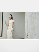 TEASEL Ruched Cotton Blend Knit Dress in Cream - On Female Model