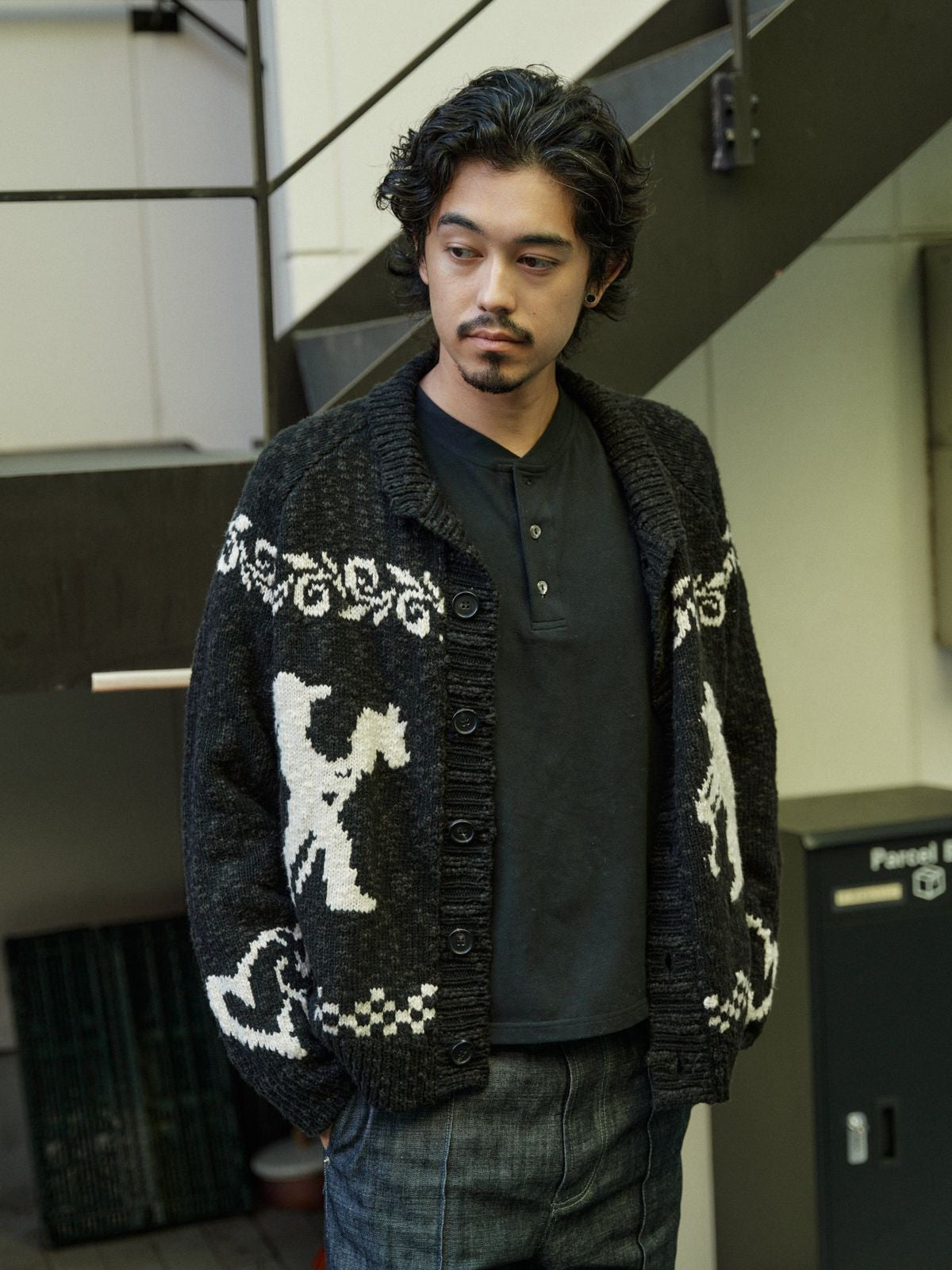 Retro 21 Western Jacquard Shawl Cardigan in White - On Male Model