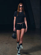 SMFK Silk Blend Short Sleeve Crop Top in Black - On Female Model