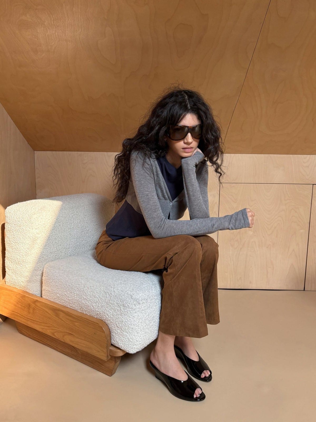 RARELY ALIKE Eco Suede Cropped Bootcut Pants in Caramel - On Female Model