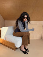 RARELY ALIKE Eco Suede Cropped Bootcut Pants in Caramel - On Female Model