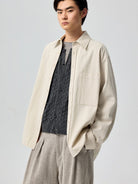 SIMPLE PROJECT Lyocell Cotton Pocket Work Shirt in Cream - On Male Model