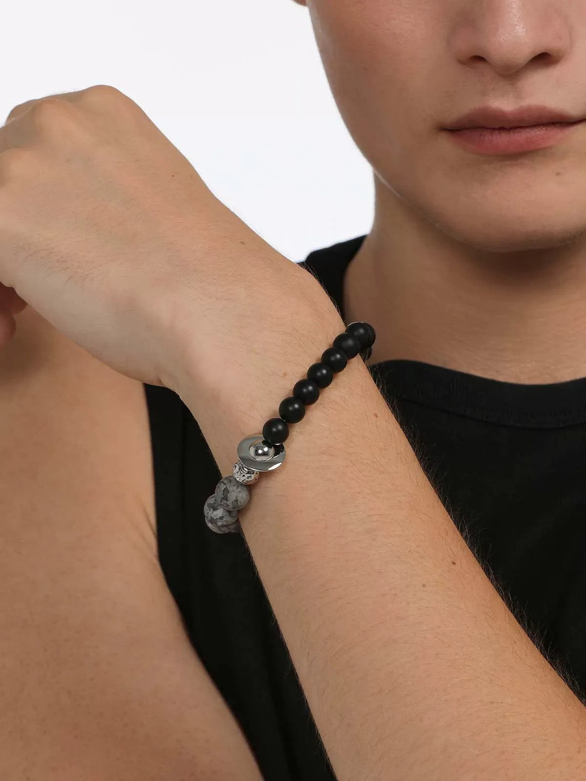BLACKHEAD Black Agate Steel Beaded Bracelet in Black - On Male Model