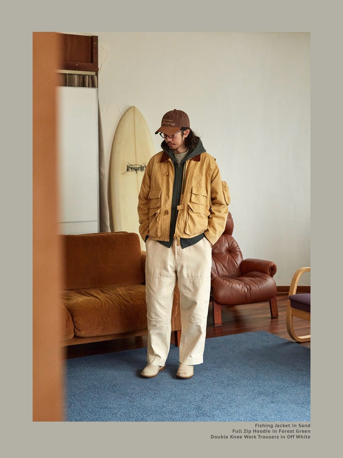 USAGE Corduroy Collar Cotton Fishing Jacket in Beige - On Male Model