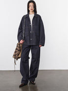 Random Piece Cotton Convertible Workwear Jacket in Navy Blue - On Female Model