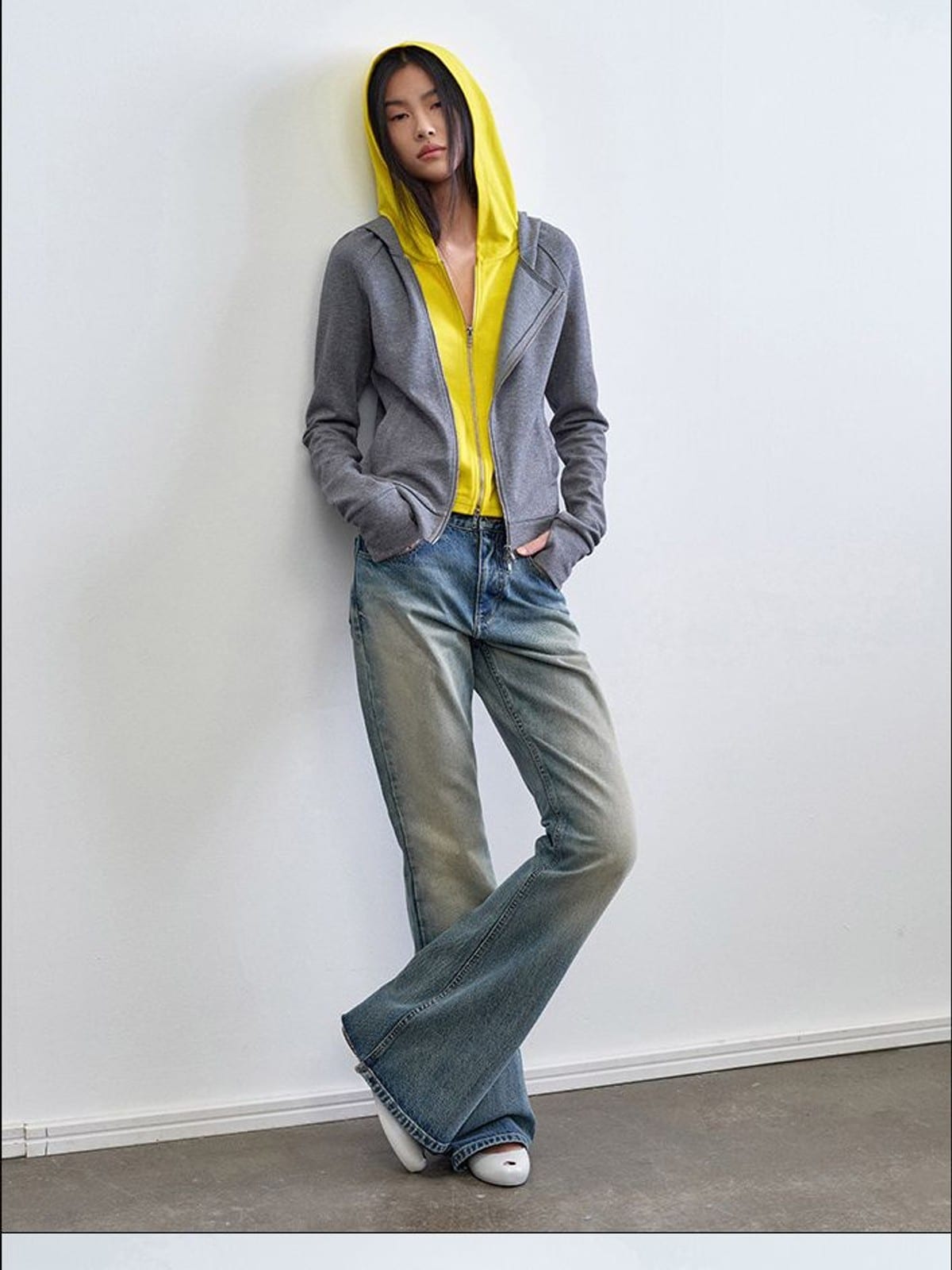RARELY ALIKE Asymmetric Layered Color Block Hoodie in Dark Gray - On Female Model