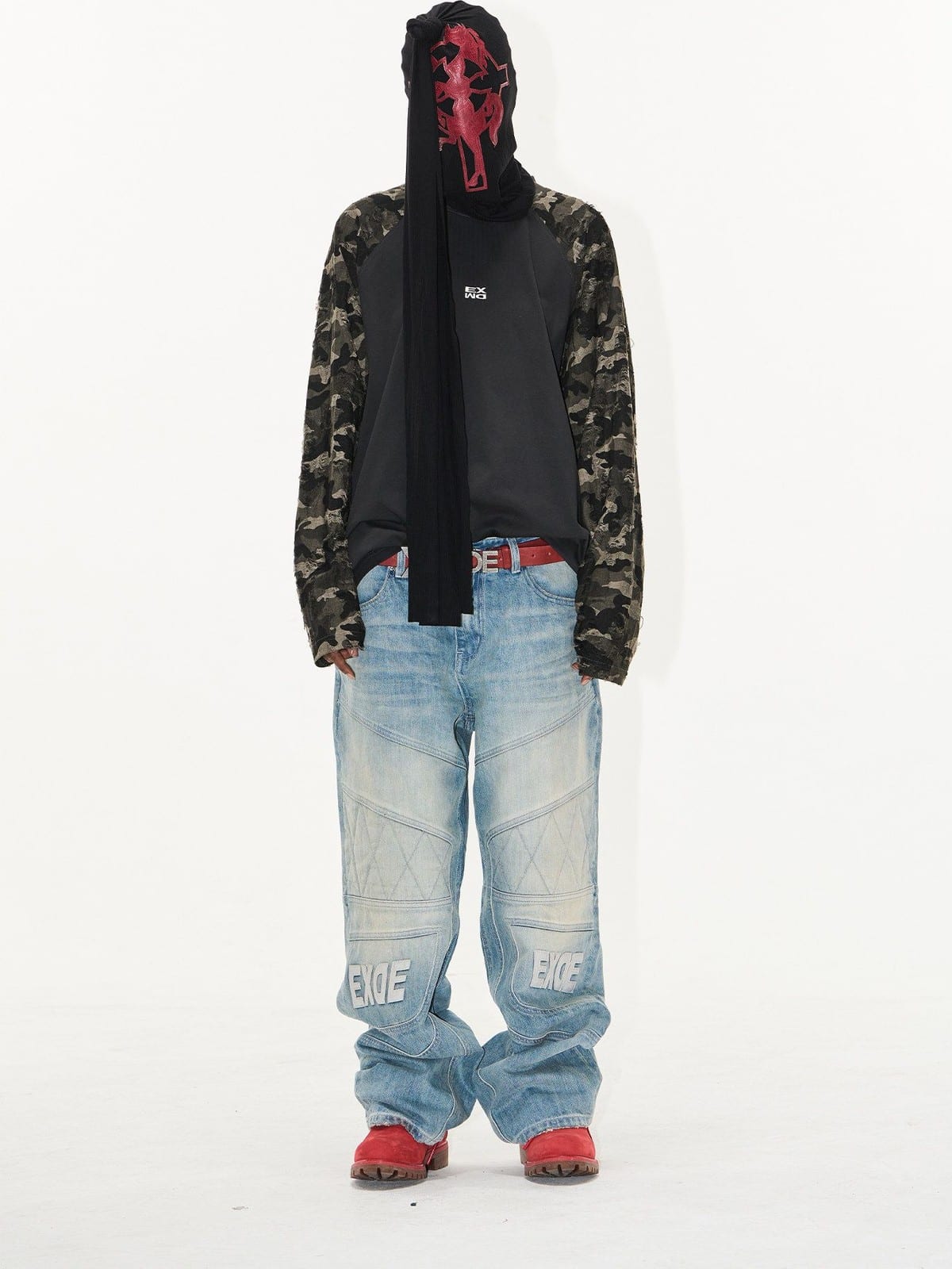 BLINDNOPLAN Paneled Embroidered Distressed Denim Pants in Blue - On Model