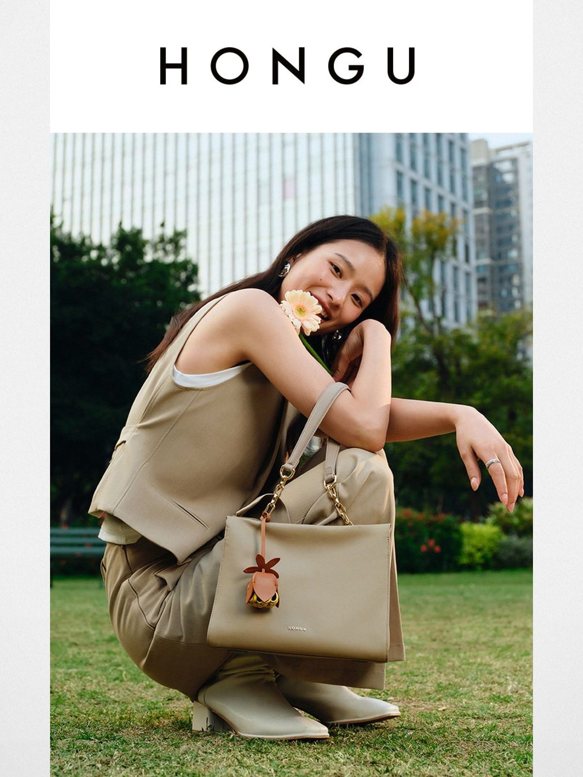 HONGU Cowhide Leather Shoulder Bag in Beige - On Female Model