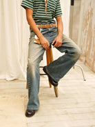 Retro 21 Vintage Wash 646 Style Flared Jeans in Blue - On Male Model