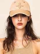 SMFK Distressed Cross Embroidered Baseball Cap in Beige - On Female Model
