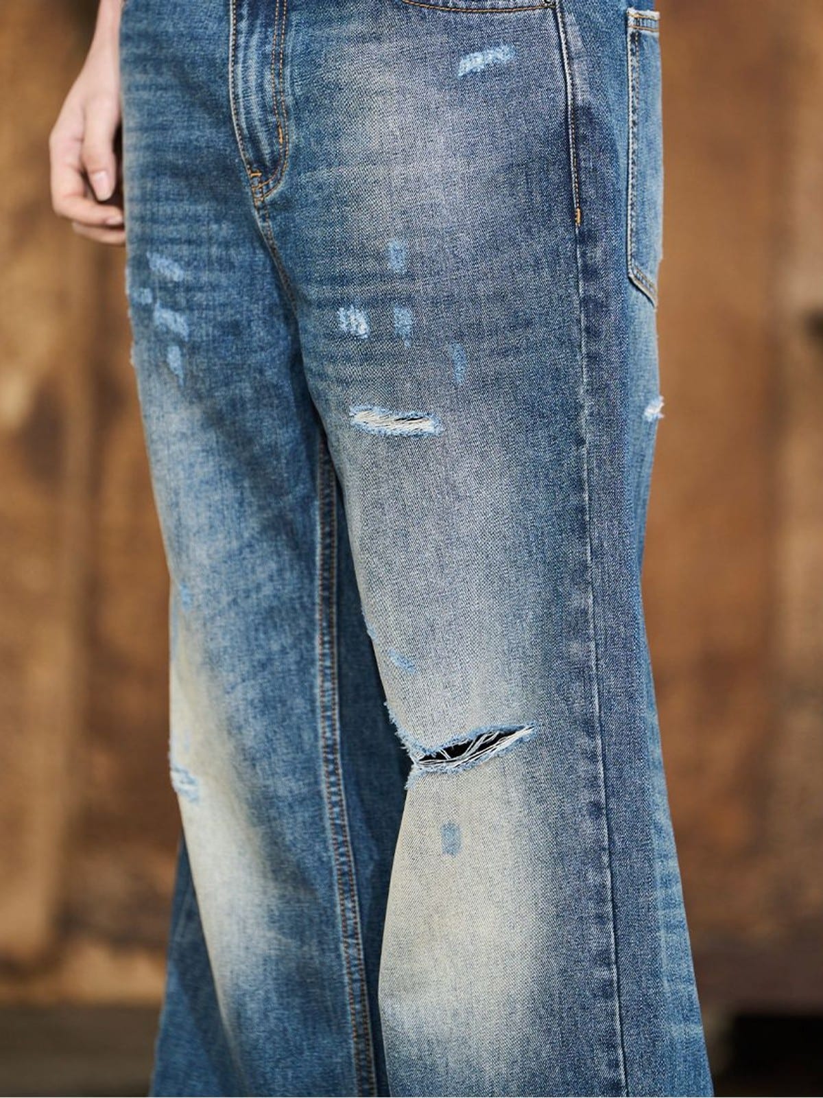 BLINDNOPLAN Distressed Dark Wash Straight Jeans in Blue - On Model